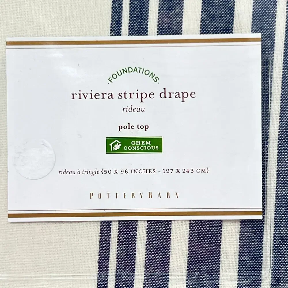Pottery Barn Riviera Stripe Drape Navy Blue Panel 50x96 Curtain Linen Blend New